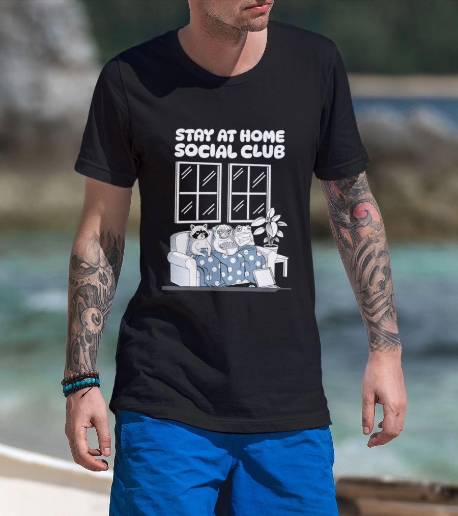 Stay At Home Social Club Raccoon Pug Frog Sofa Window Plant Scene T-Shirt