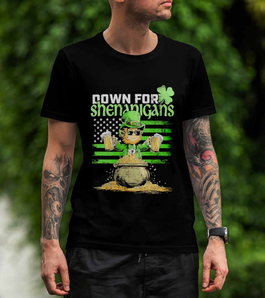 Down For Shenanigans Leprechaun With Beers And Clover American Flag T-Shirt