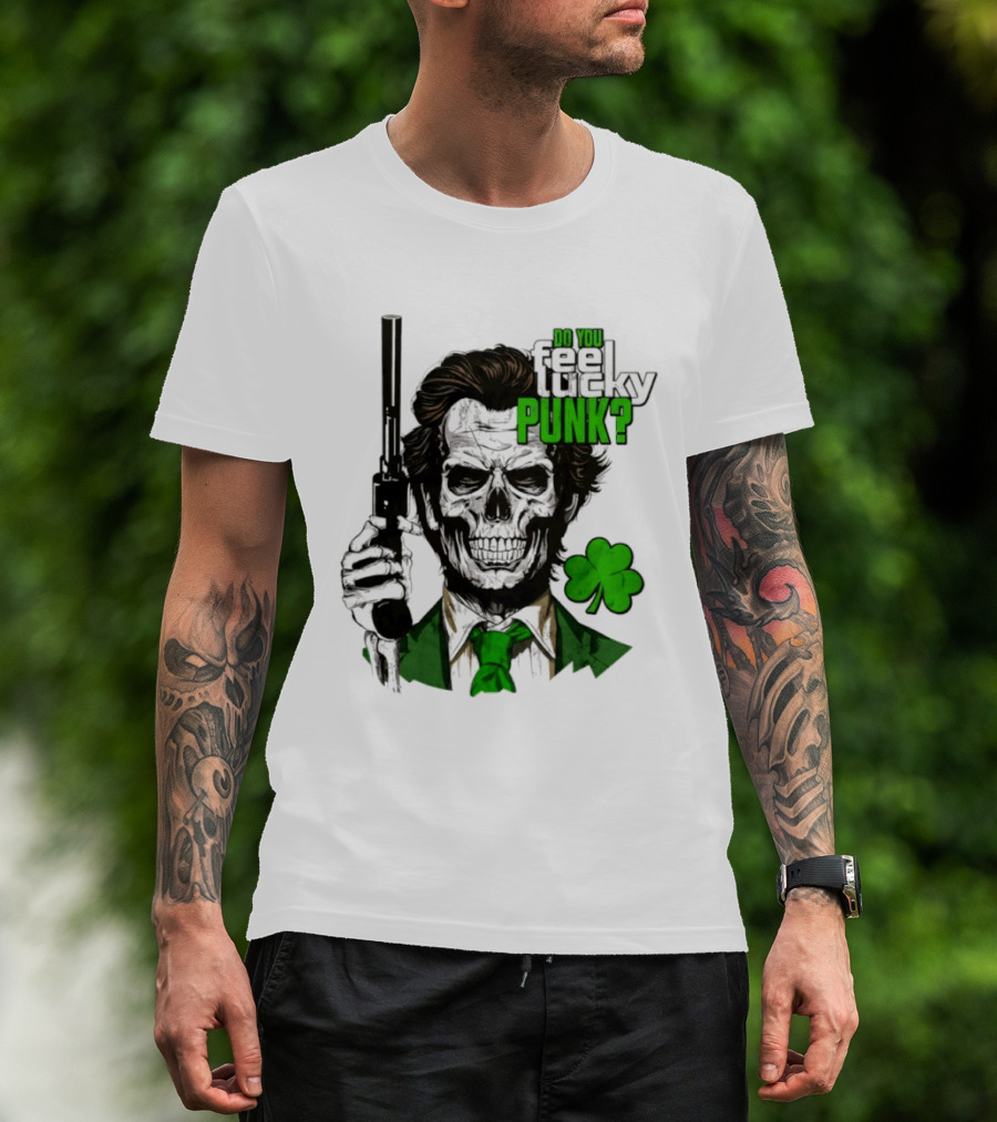 Do You Feel Lucky Punk Skull Gun Shamrock T-Shirt