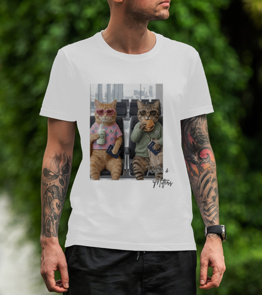 Tabitha & Mittens Airport Adventure Cats With Heart Glasses Milkshake Burger Passport T-Shirt