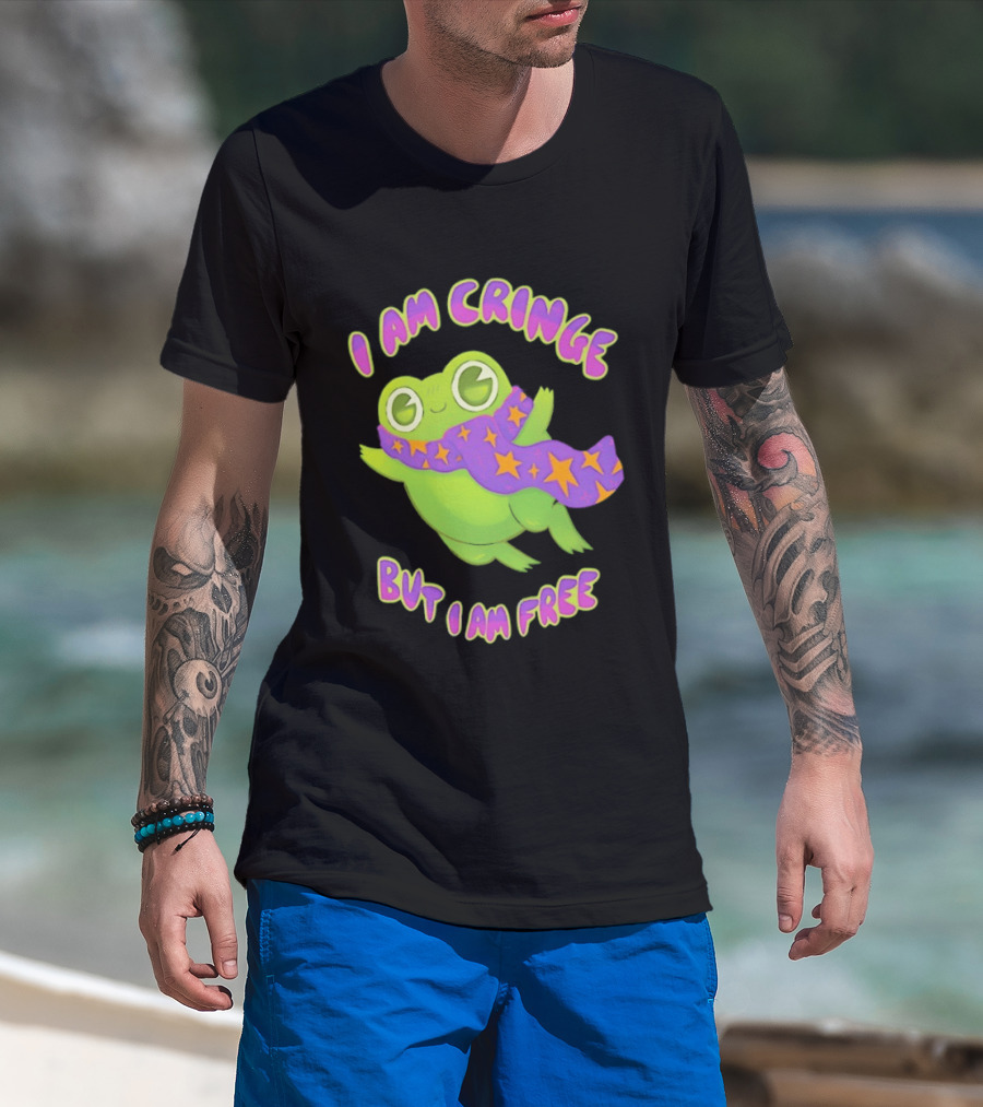 I Am Cringe But I Am Free Frog With Purple Starry Scarf T-Shirt