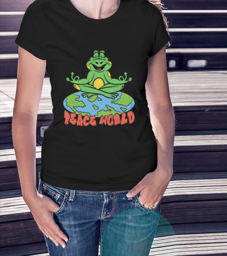 Meditating Frog Sitting On Planet Earth Peace World T-Shirt