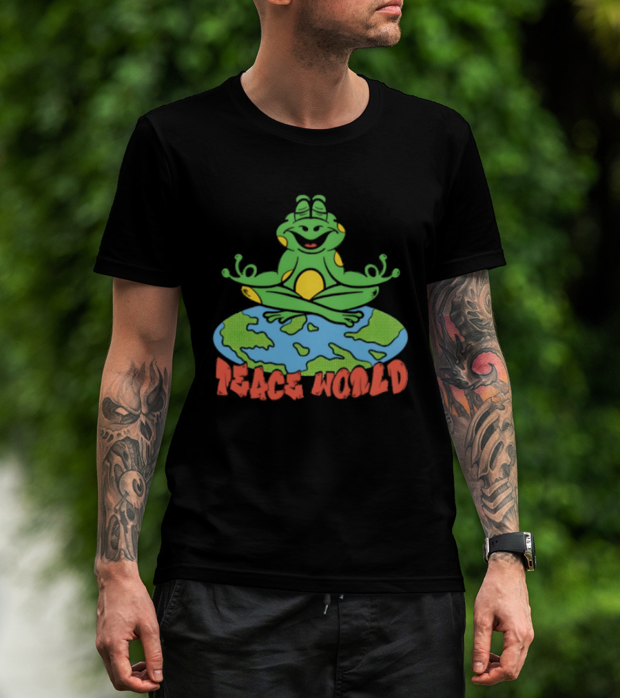 Meditating Frog Sitting On Planet Earth Peace World T-Shirt