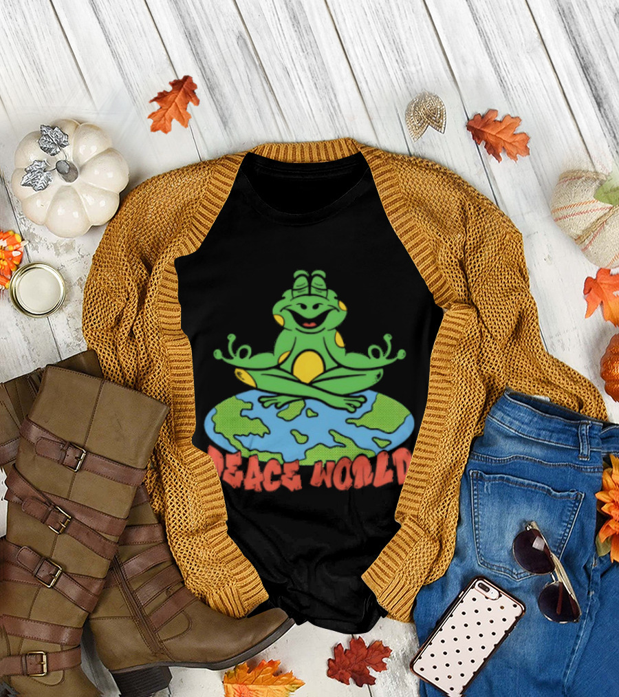 Meditating Frog Sitting on Planet Earth Peace World T-Shirt