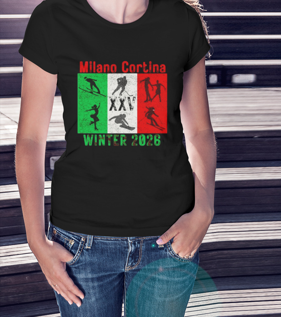 Milano Cortina Winter 2026 Italy Flag XXV Skiing Skating Snowboarding T-Shirt