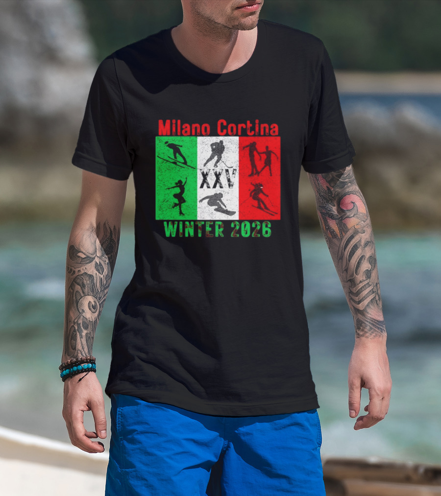 Milano Cortina Winter 2026 Italy Flag XXV Skiing Skating Snowboarding T-Shirt