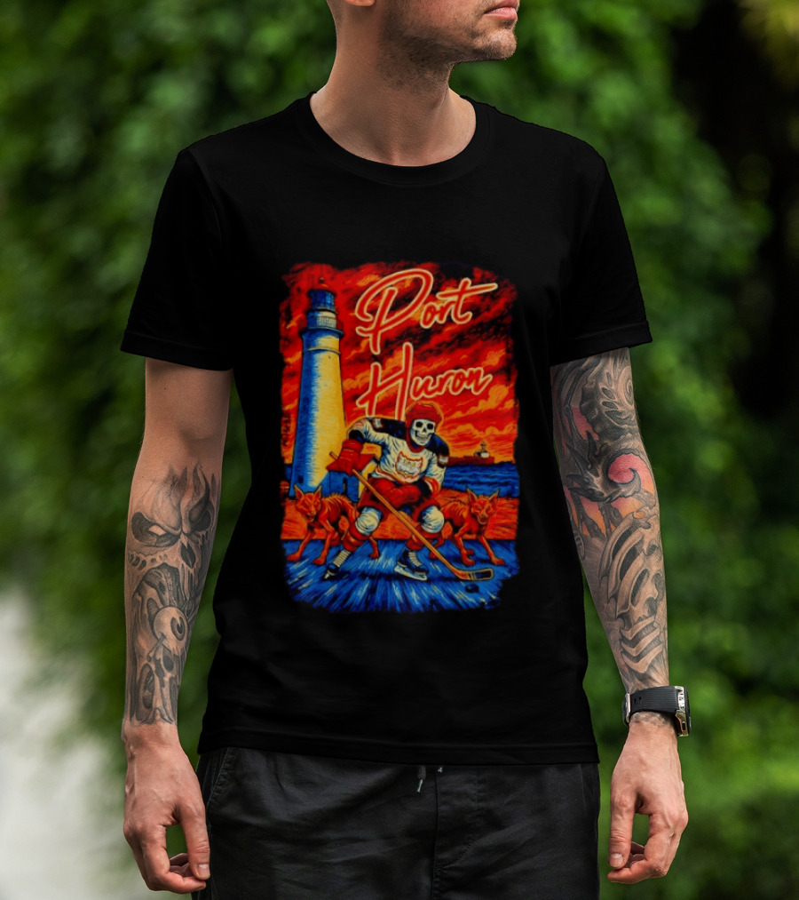 Port Huron Skeleton Prowlers Hockey With Lighthouse And Wolves T-Shirt