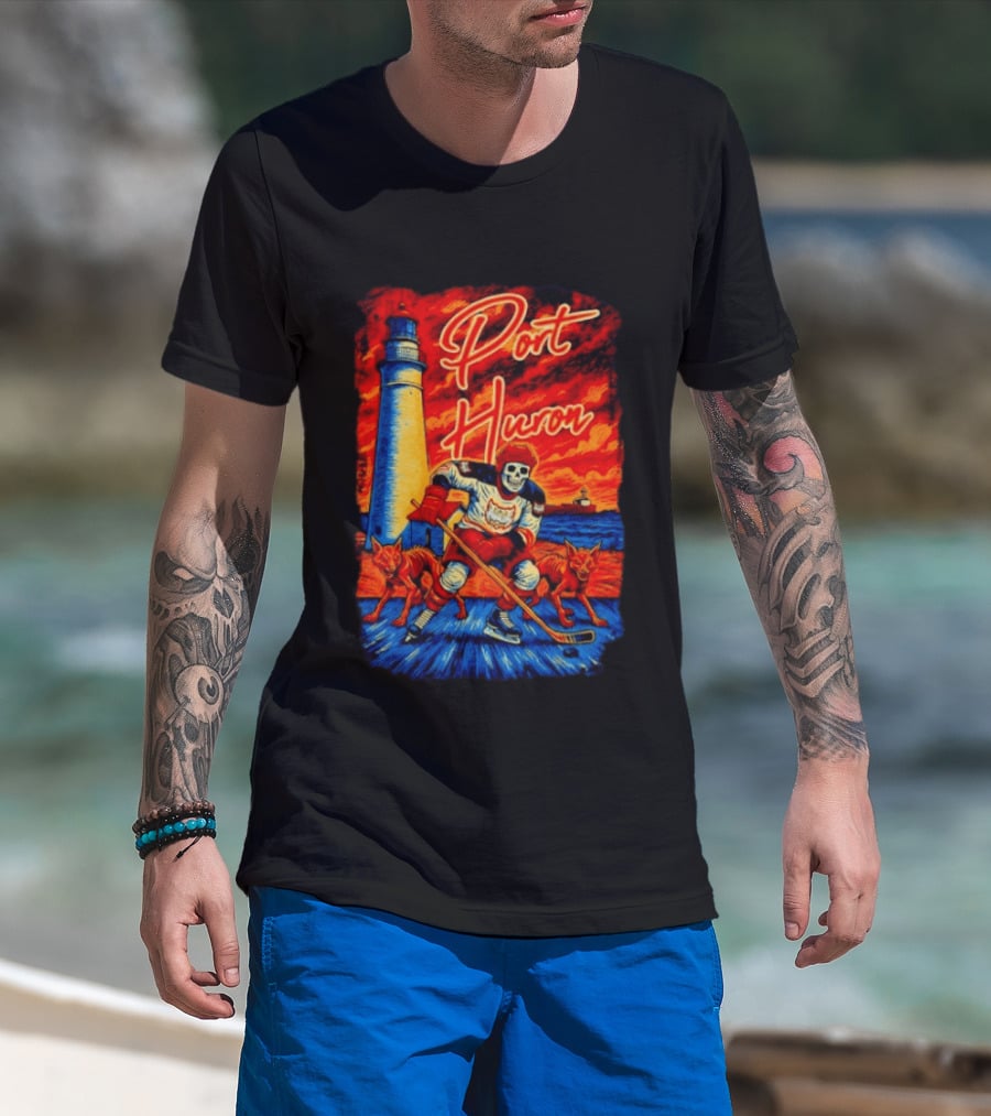 Port Huron Skeleton Prowlers Hockey With Lighthouse And Wolves T-Shirt