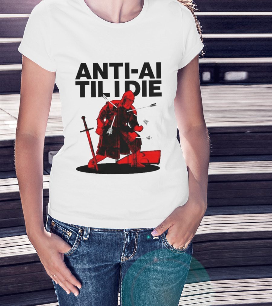 ANTI AI TIL I DIE Medieval Warrior Kneeling With Sword And Arrows T-Shirt