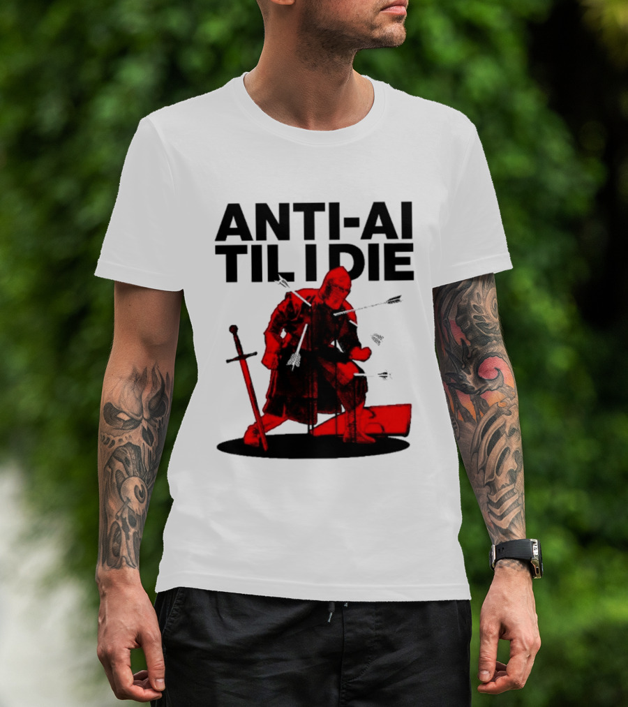 ANTI AI TIL I DIE Medieval Warrior Kneeling With Sword And Arrows T-Shirt