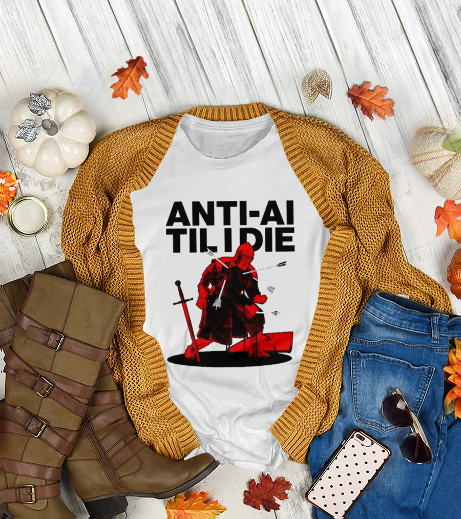 ANTI AI TIL I DIE Medieval Warrior Kneeling With Sword And Arrows T-Shirt