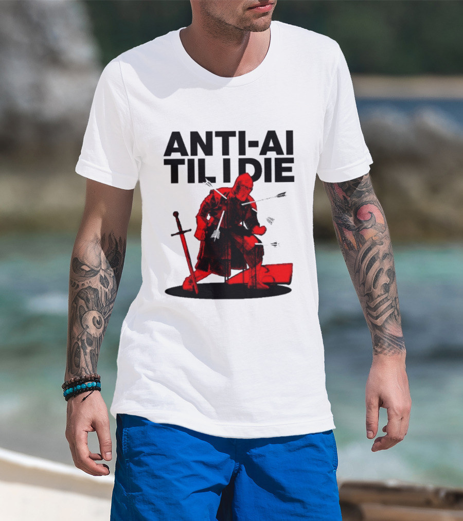ANTI AI TIL I DIE Medieval Warrior Kneeling With Sword And Arrows T-Shirt