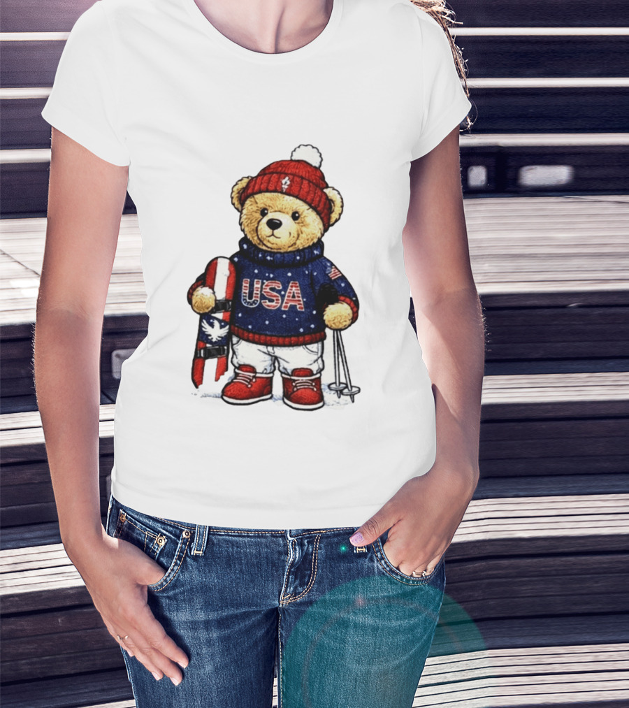 USA Teddy Bear Winter Olympics 2026 Skiing T-Shirt