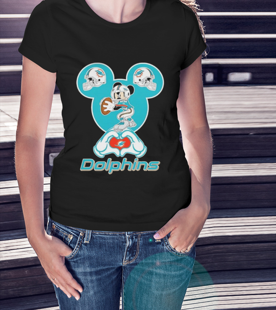 Miami Dolphins Mickey Mouse Heart Hands Football Helmets T-Shirt