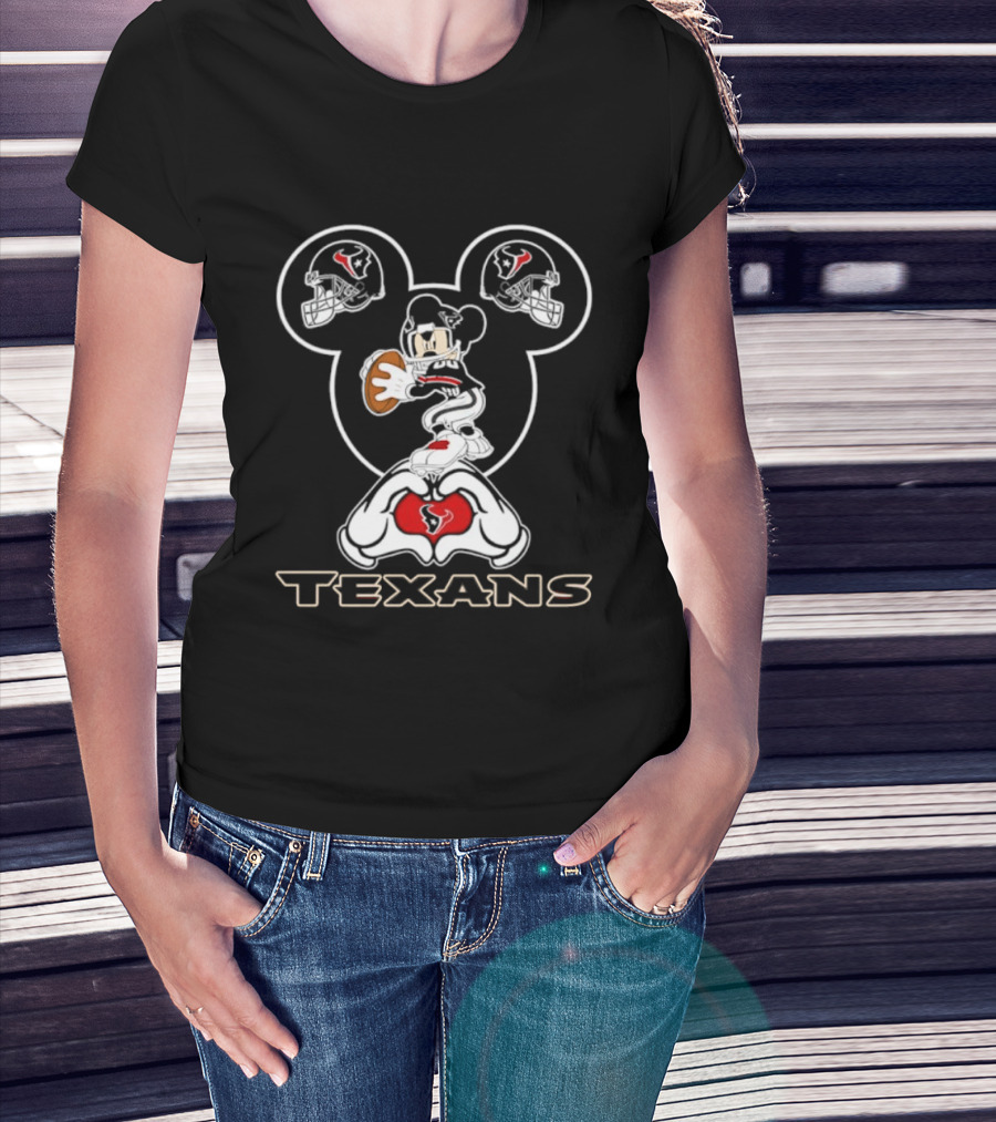 Houston Texans Mickey Mouse Heart Hands Football T-Shirt