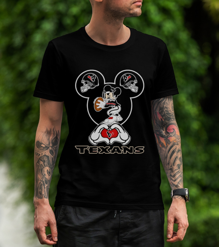 Houston Texans Mickey Mouse Heart Hands Football T-Shirt