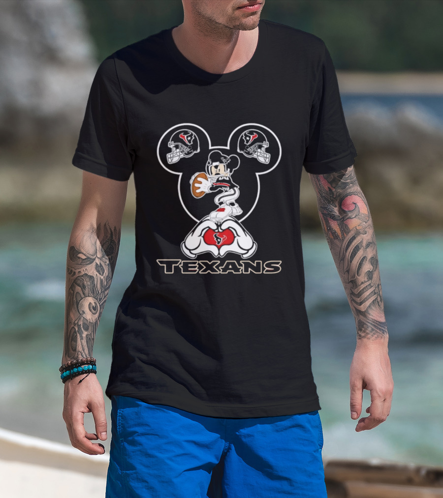 Houston Texans Mickey Mouse Heart Hands Football T-Shirt