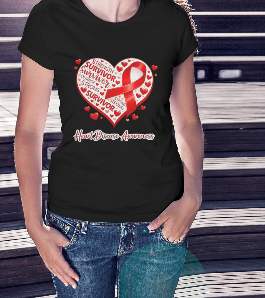 Survivor Strength Courage Strong Heart Disease Awareness Red Ribbon T-Shirt