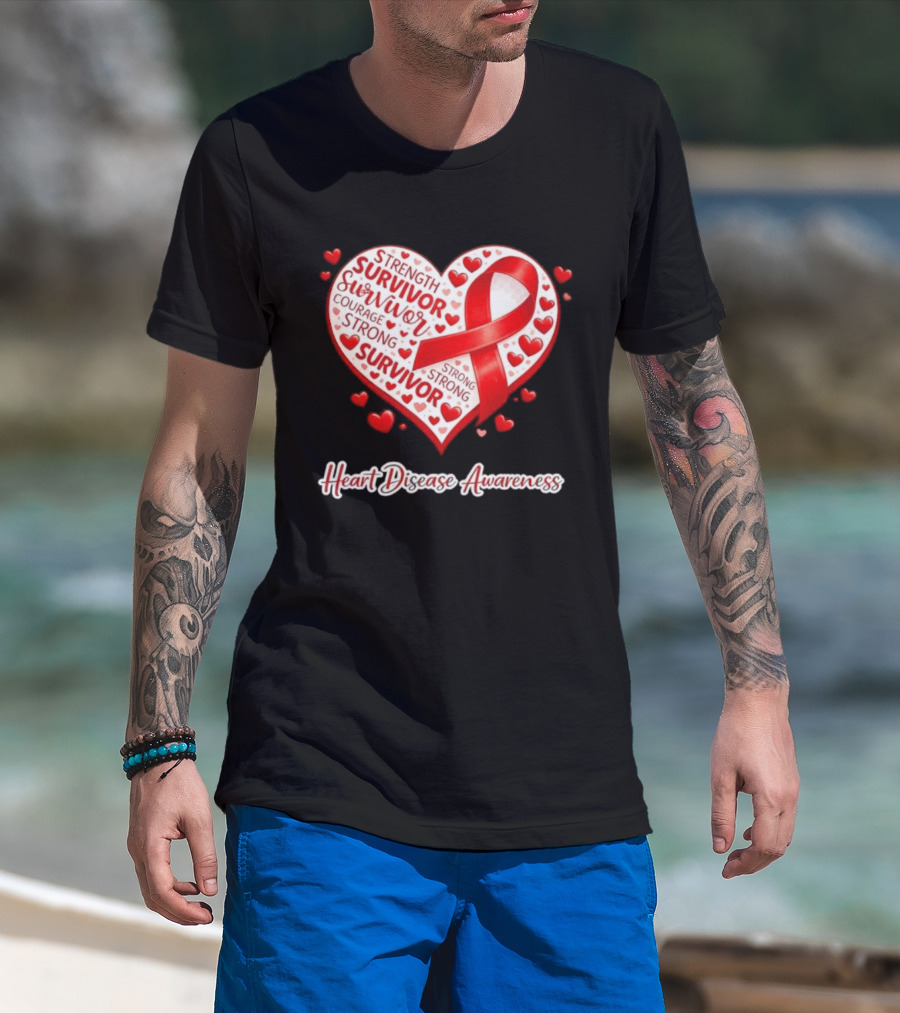Survivor Strength Courage Strong Heart Disease Awareness Red Ribbon T-Shirt