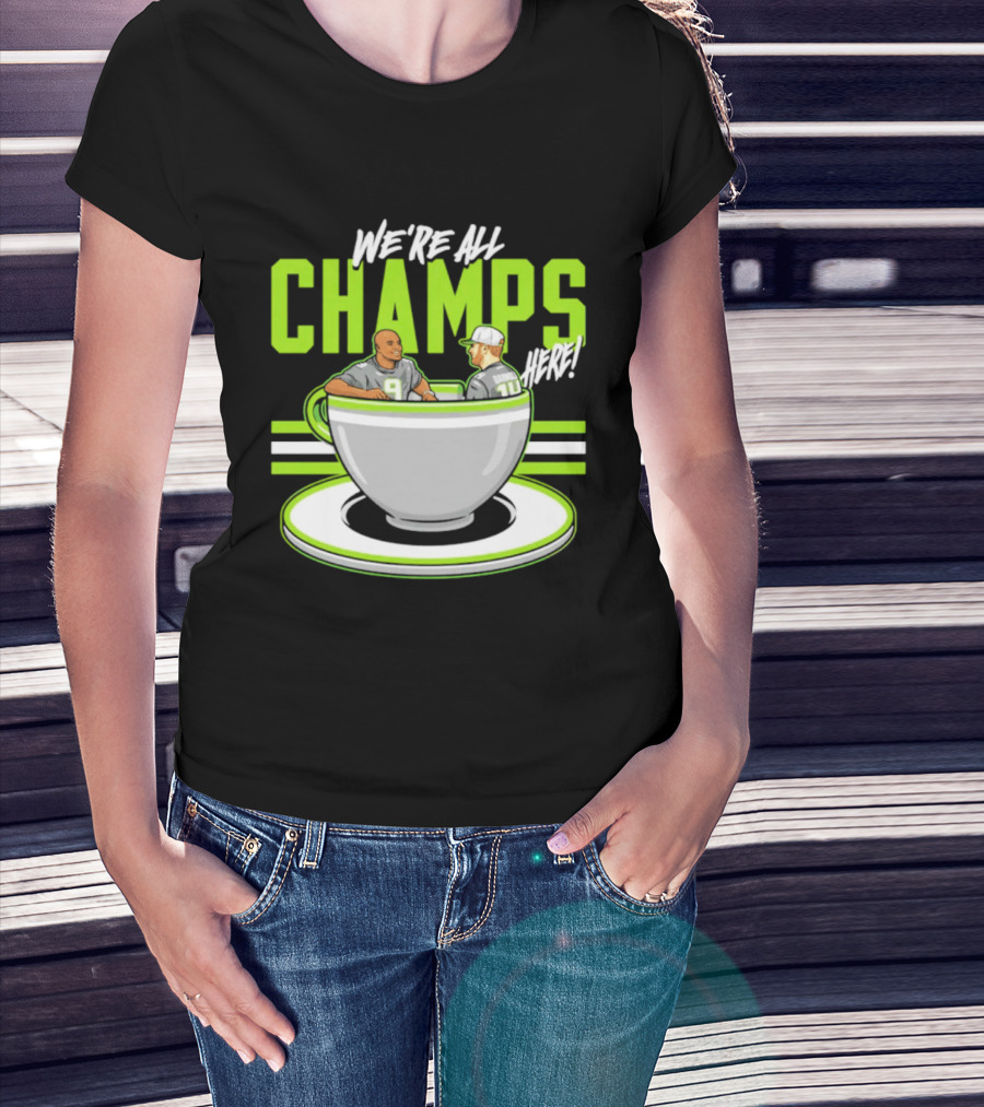 We're All Champs Here Kenneth Walker III Sam Darnold Seattle Tea Cup T-Shirt