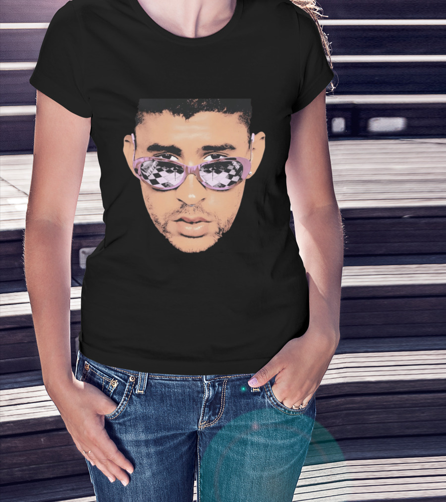 Bad Bunny Big Face Pastel Sunglasses Checkered T-Shirt