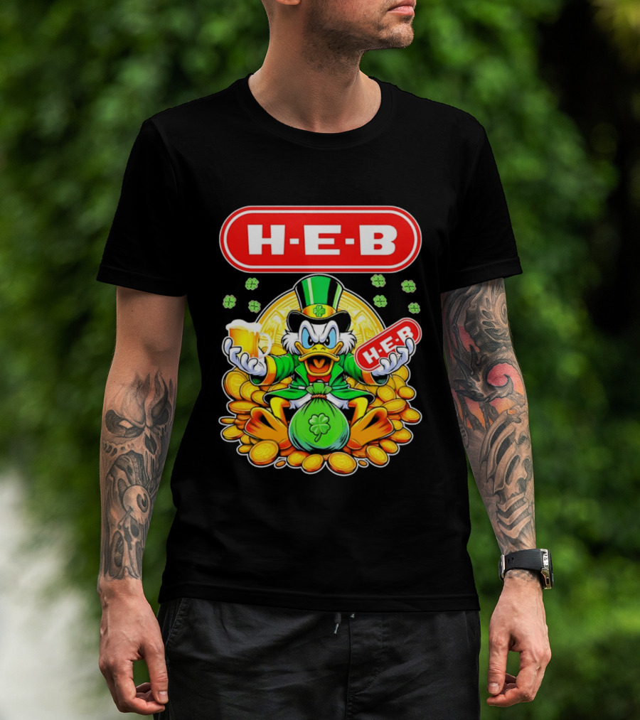 H E B St Patricks Day Scrooge McDuck Coins And Clover Hat T-Shirt