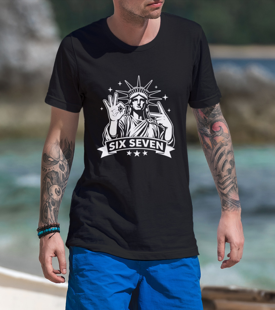 Statue Of Liberty Six Seven Hand Gesture Stars T-Shirt
