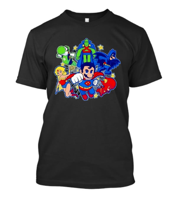 Justice League Mario Bros Crossover With Yoshi Batman Flash Wonder Woman Martian Manhunter T-Shirt