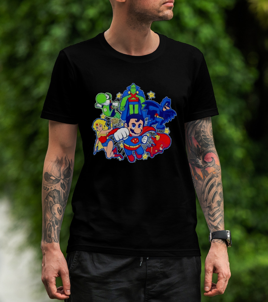 Justice League Mario Bros Crossover With Yoshi Batman Flash Wonder Woman Martian Manhunter T-Shirt