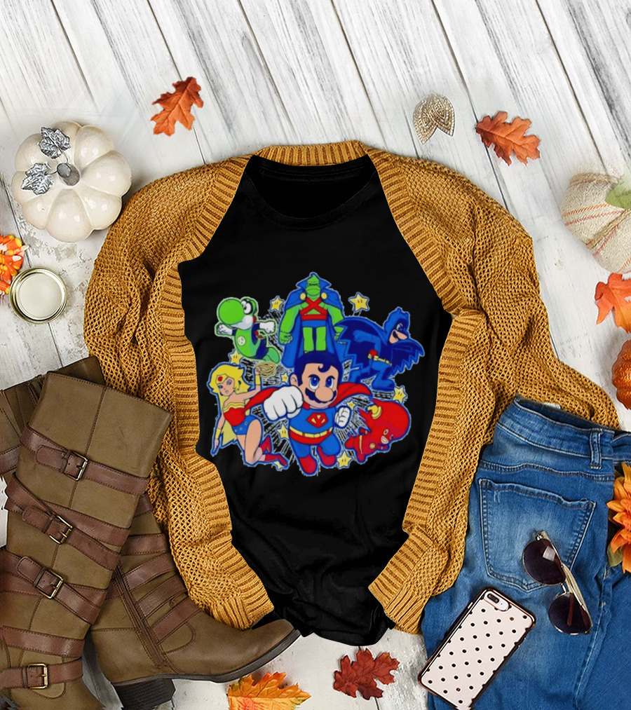 Justice League Mario Bros Crossover with Yoshi Batman Flash Wonder Woman Martian Manhunter T-Shirt