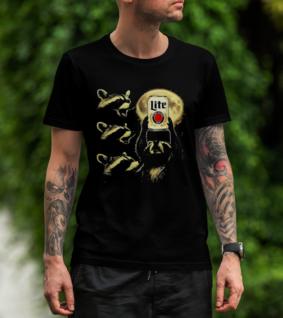Moon Raccoon Lite Beer Can In Full Moonlight T-Shirt