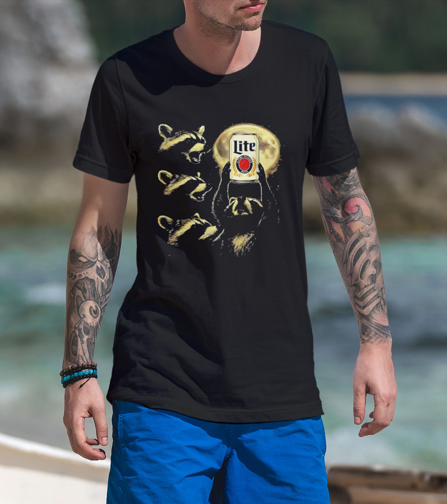 Moon Raccoon Lite Beer Can In Full Moonlight T-Shirt