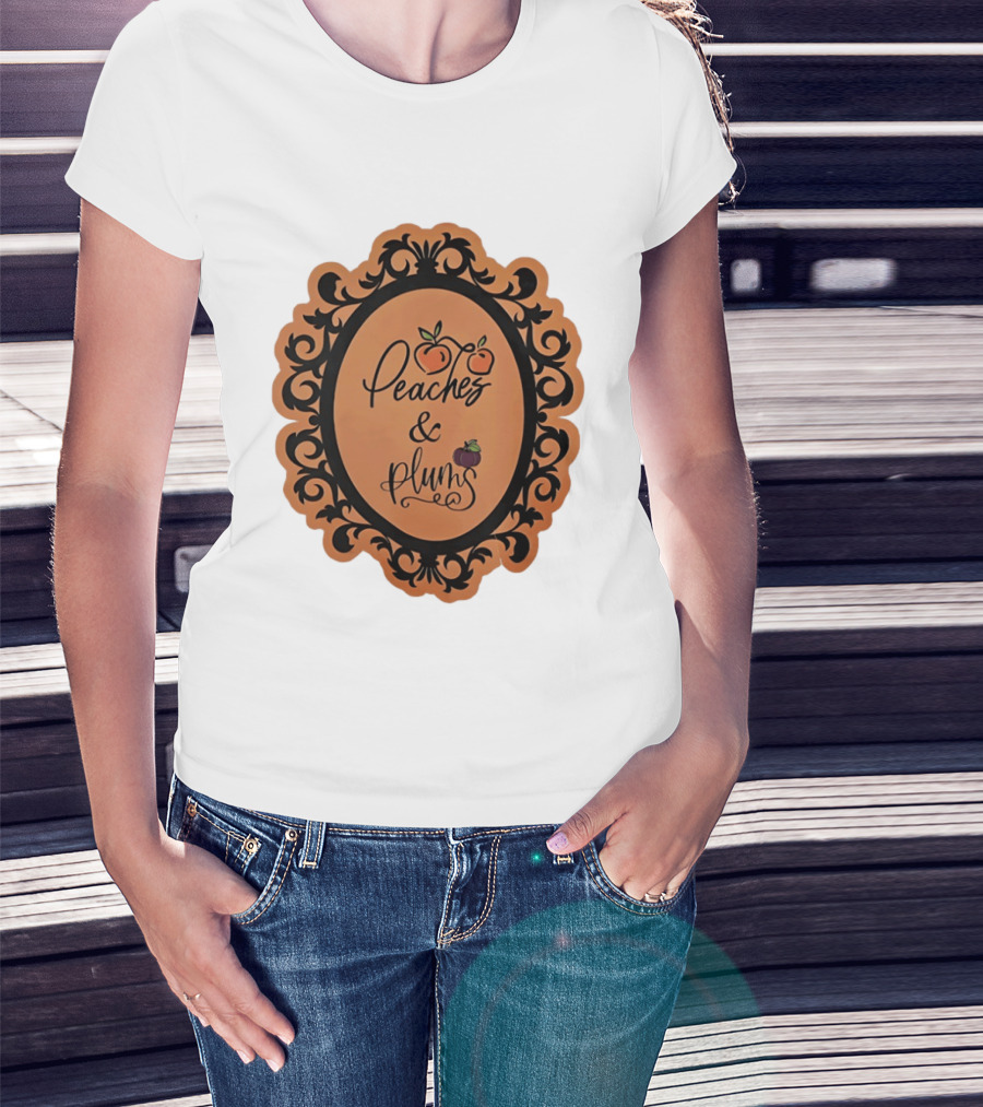 Peaches And Plums Ornate Black Floral Oval Frame T-Shirt