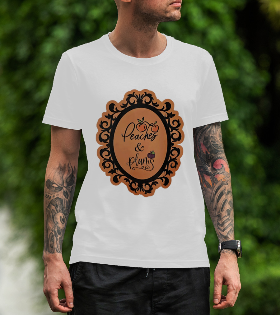 Peaches And Plums Ornate Black Floral Oval Frame T-Shirt
