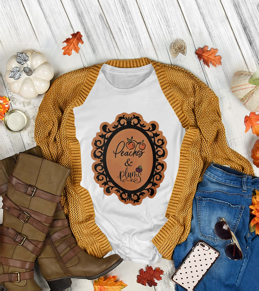 Peaches and Plums Ornate Black Floral Oval Frame T-Shirt