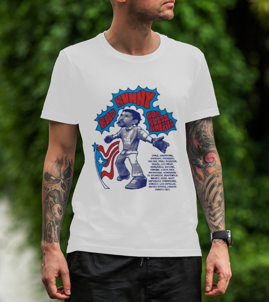 Bad Bunny God Bless America Featuring Puerto Rico Flag Map Of Americas T-Shirt