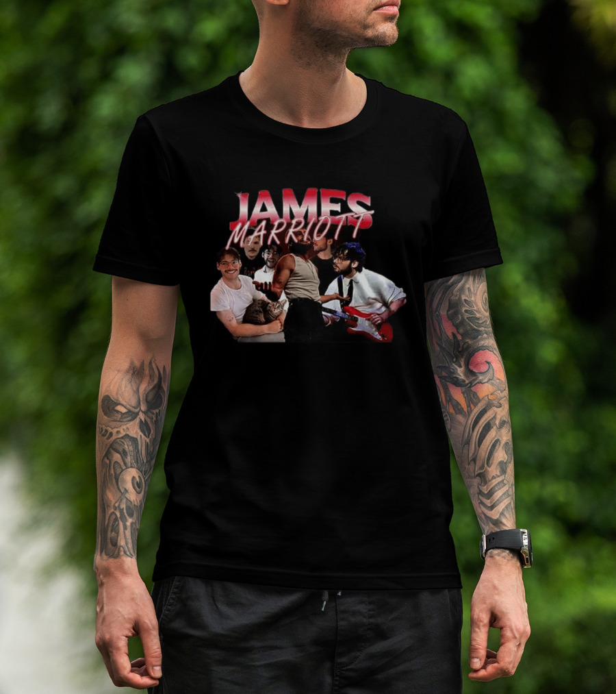 James Marriott Musician Collage With Guitar And Cat T-Shirt