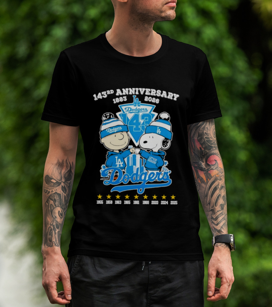 Los Angeles Dodgers 143rd Anniversary 1883 2026 Charlie Brown Snoopy Fist Bump T-Shirt