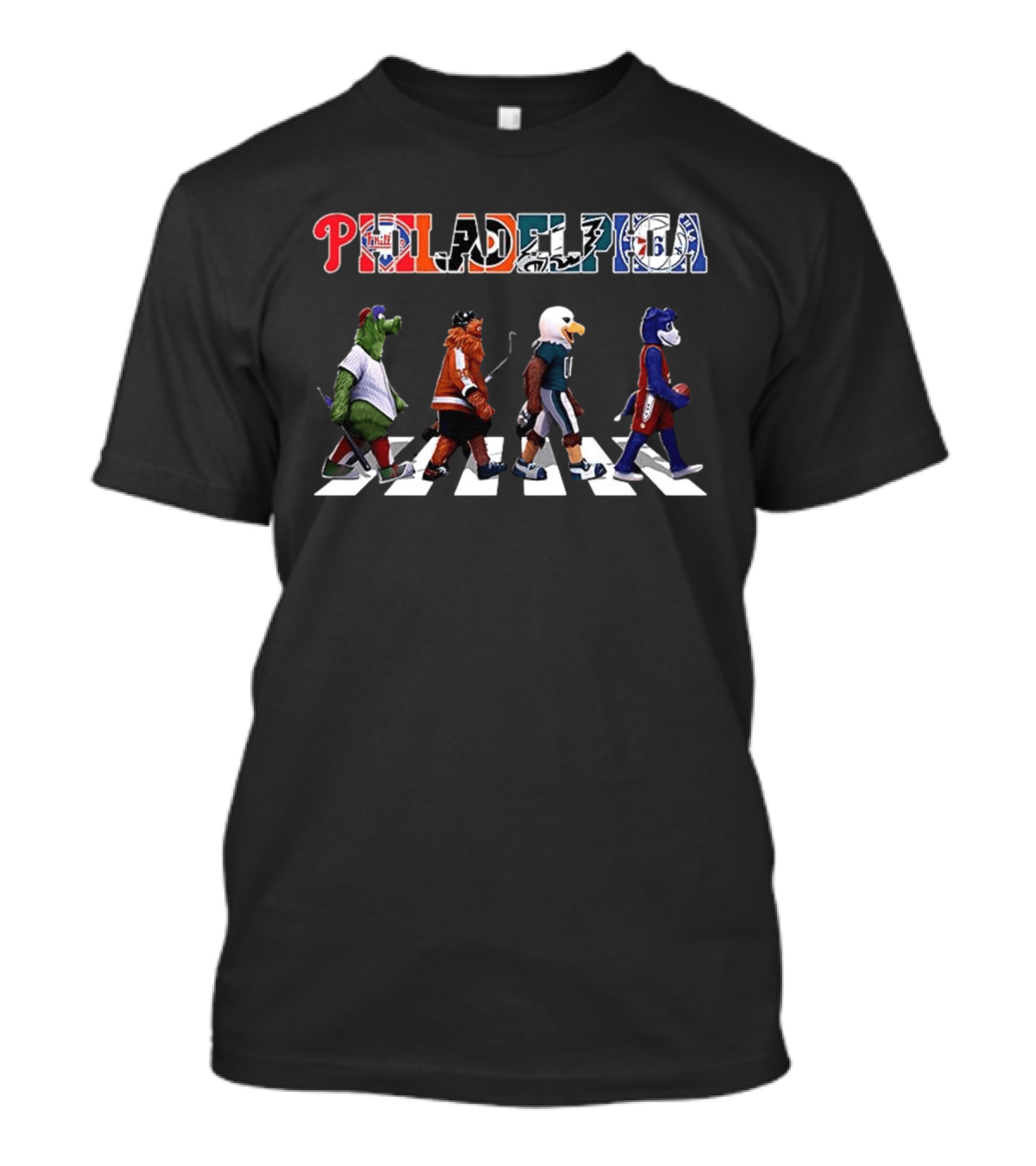 Philadelphia Phillies Flyers Eagles 76ers Mascots Abbey Road T-Shirt