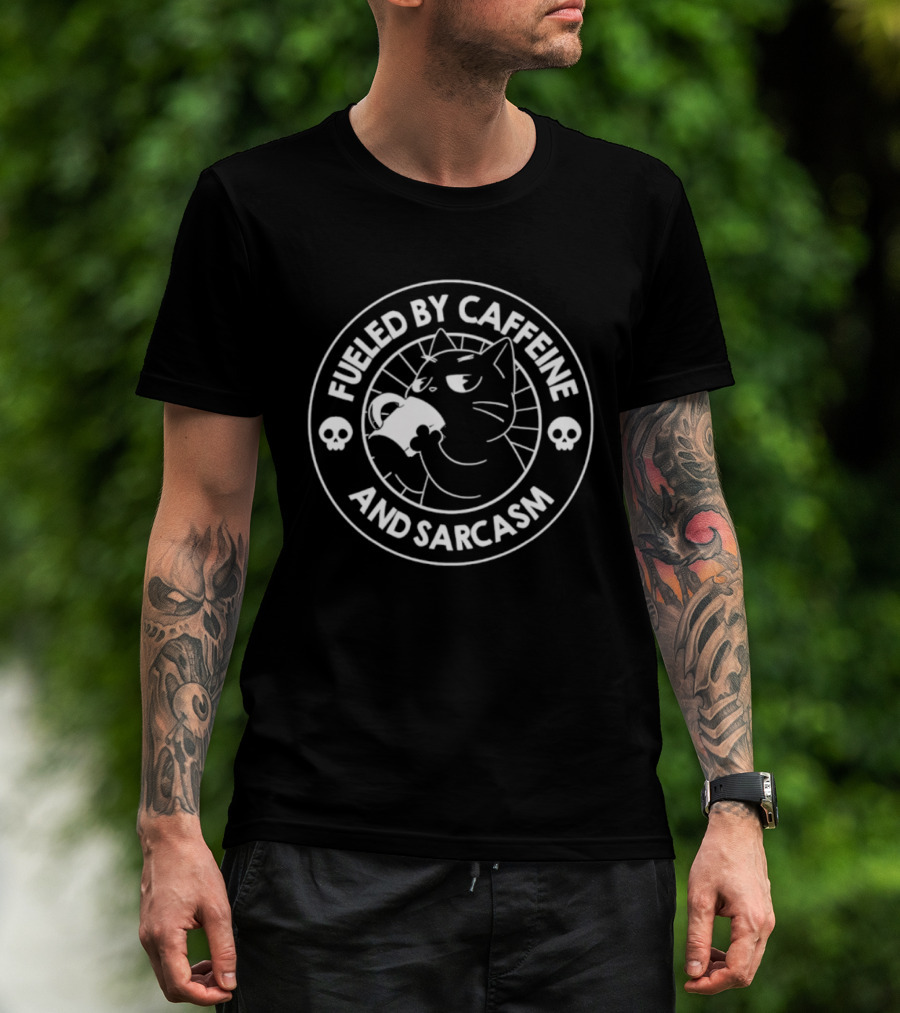 Fueled By Caffeine And Sarcasm Cat Drinking Coffee Skulls T-Shirt