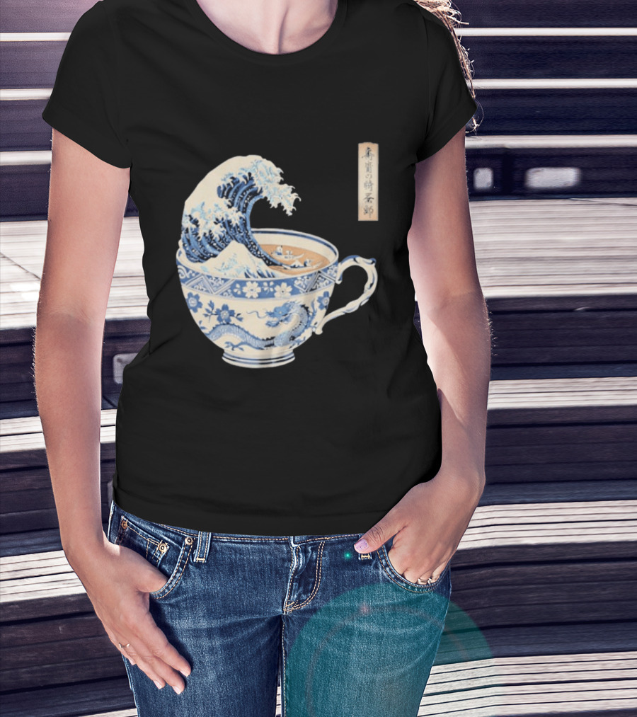The Great Kanagawa Tea Cup Ukiyo E Wave Meets Dragon Porcelain T-Shirt