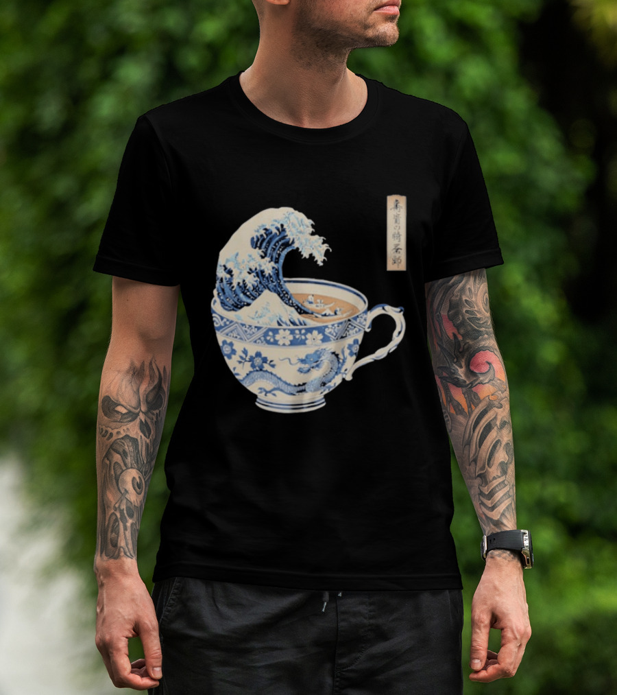 The Great Kanagawa Tea Cup Ukiyo E Wave Meets Dragon Porcelain T-Shirt