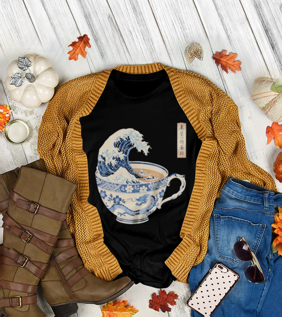 The Great Kanagawa Tea Cup Ukiyo e Wave Meets Dragon Porcelain T-Shirt