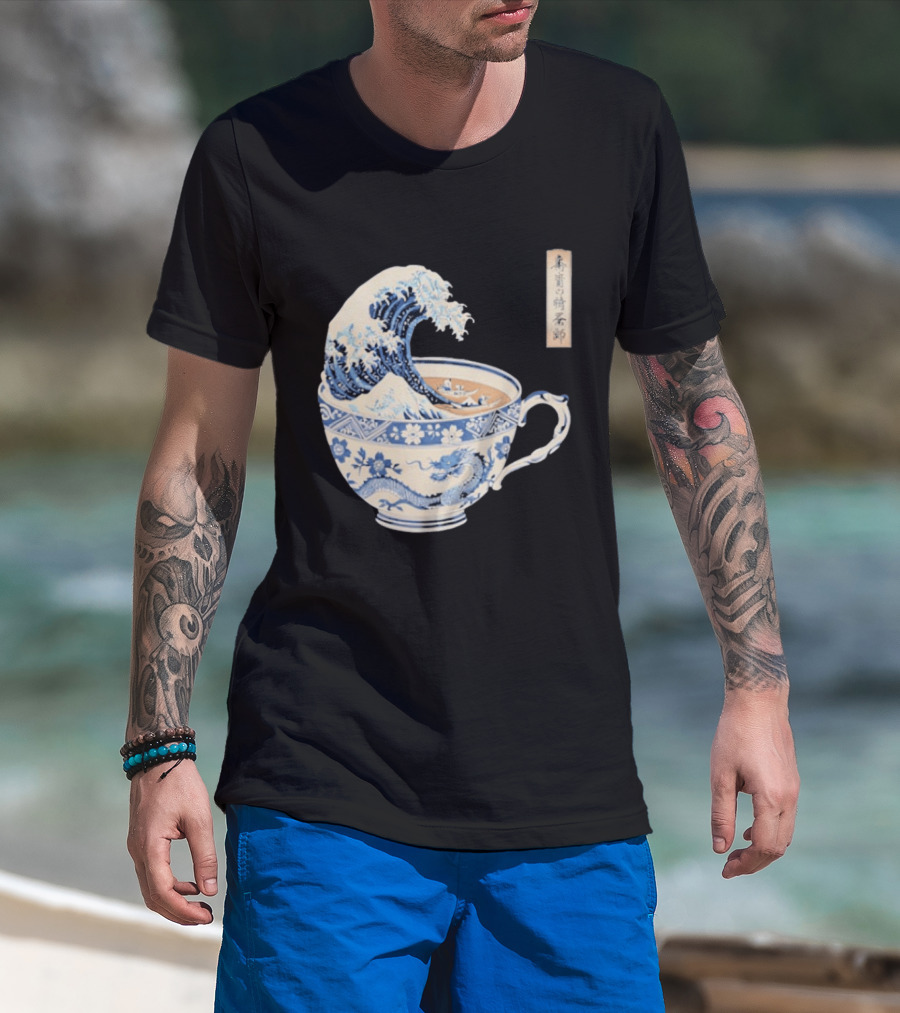 The Great Kanagawa Tea Cup Ukiyo E Wave Meets Dragon Porcelain T-Shirt