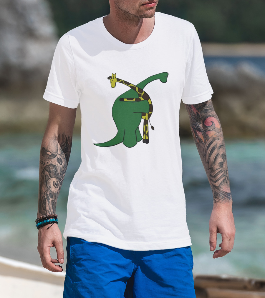 Dinosaur And Giraffe Friendship Embrace T-Shirt
