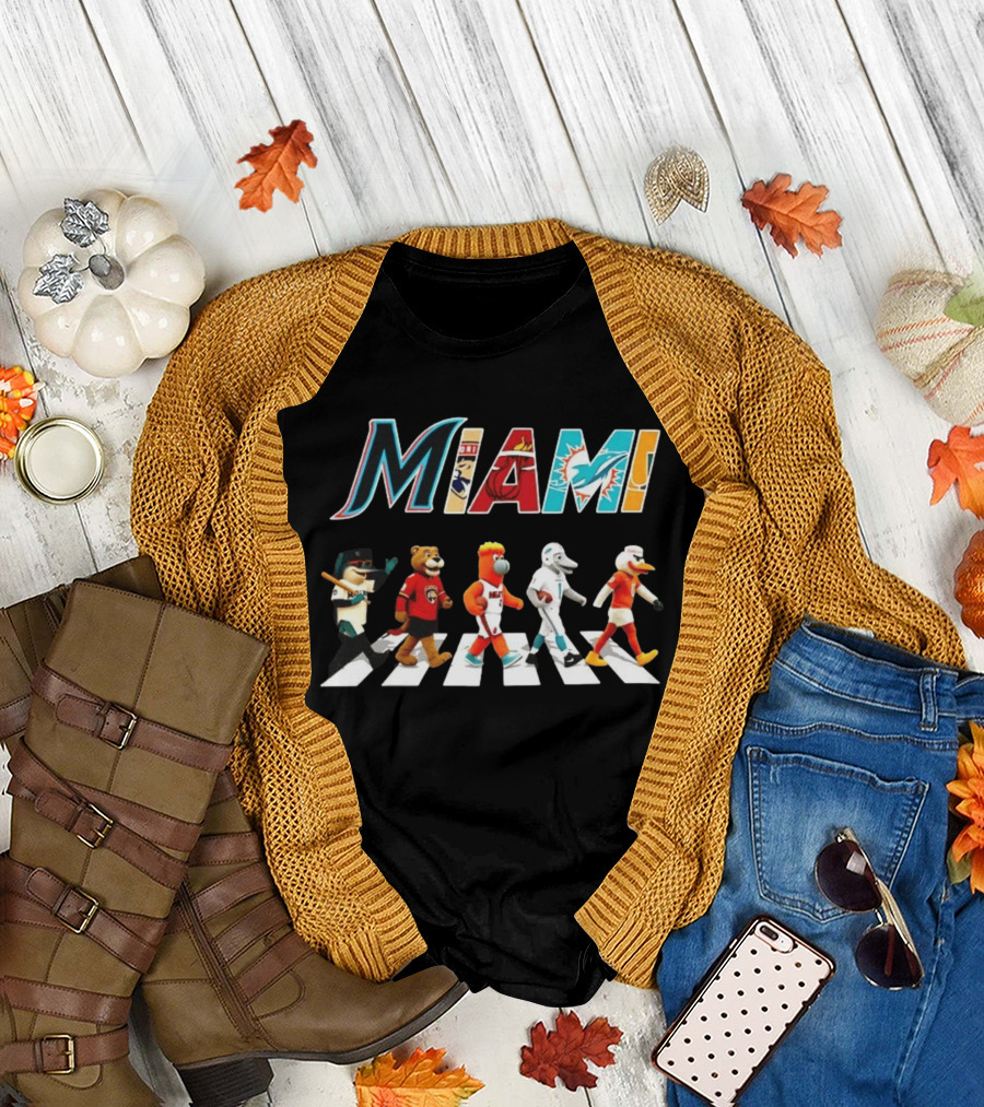 Miami Marlins Panthers Heat Dolphins Hurricanes Mascots Crosswalk T-Shirt
