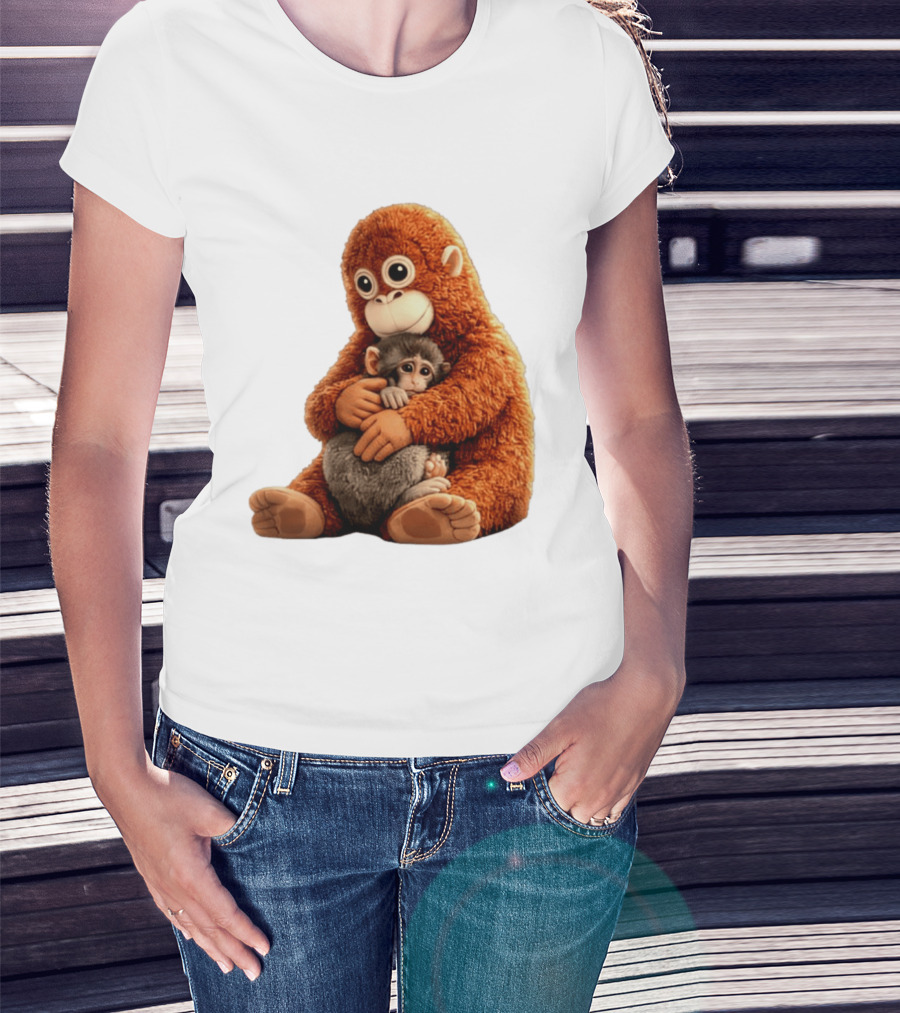 Punch Monkey Hugging Plush Baby Monkey T-Shirt