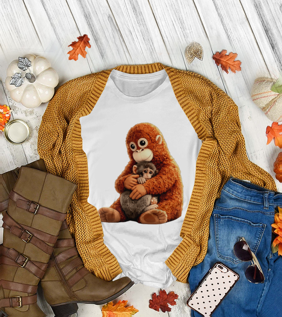 Punch Monkey Hugging Plush Baby Monkey T-Shirt