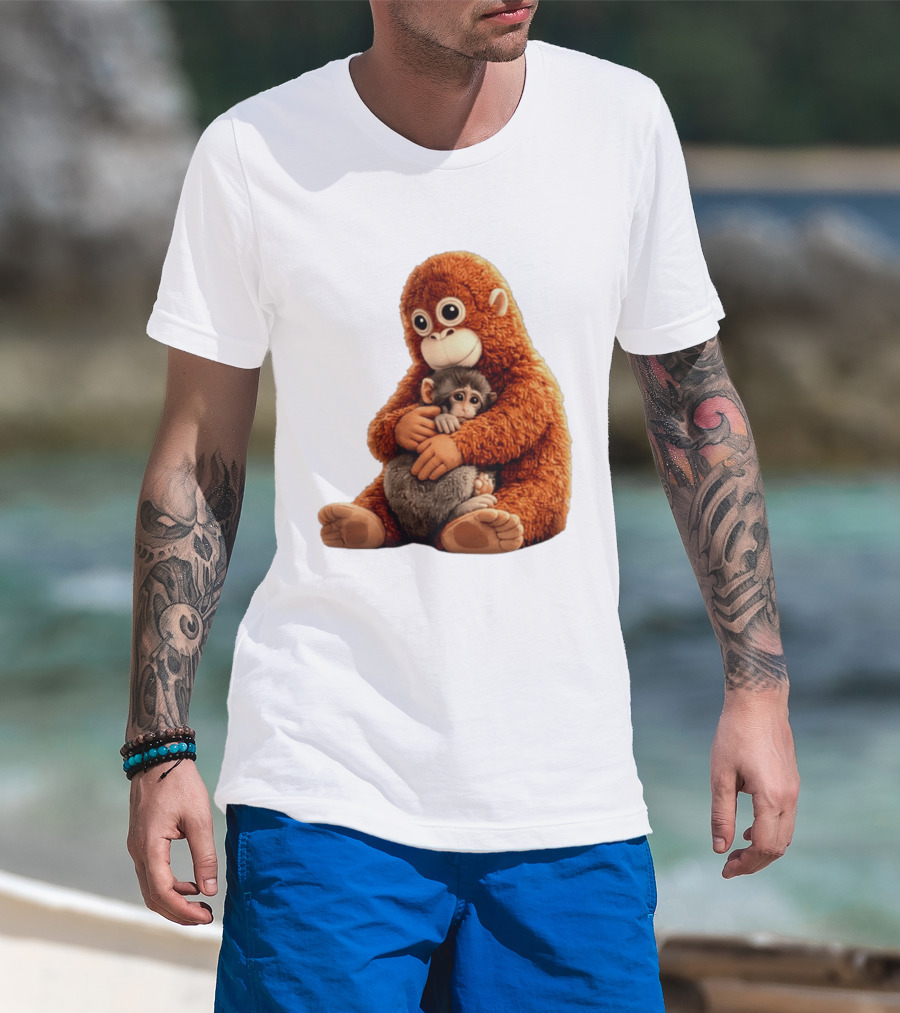 Punch Monkey Hugging Plush Baby Monkey T-Shirt