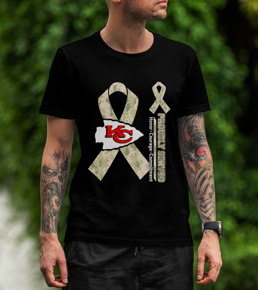 Kansas City Chiefs Military Support Honor Courage Commitment Kansas Camo Ribbon T-Shirt